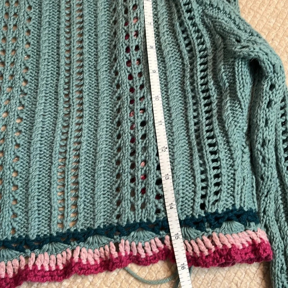 Vintage boho crochet cardigan Women's M teal blue linen blend - Picture 9 of 9